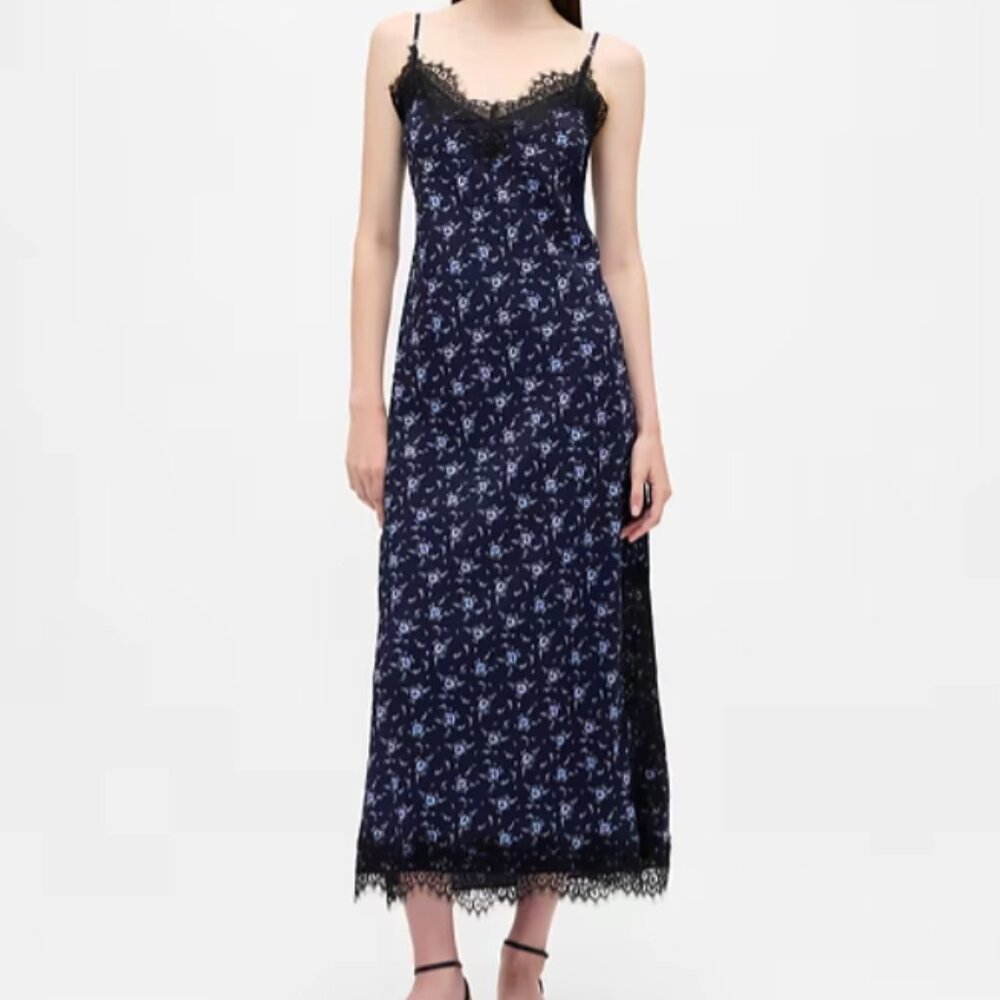 NWT GAP Lace-Trim Maxi Slip Dress in Blue Print